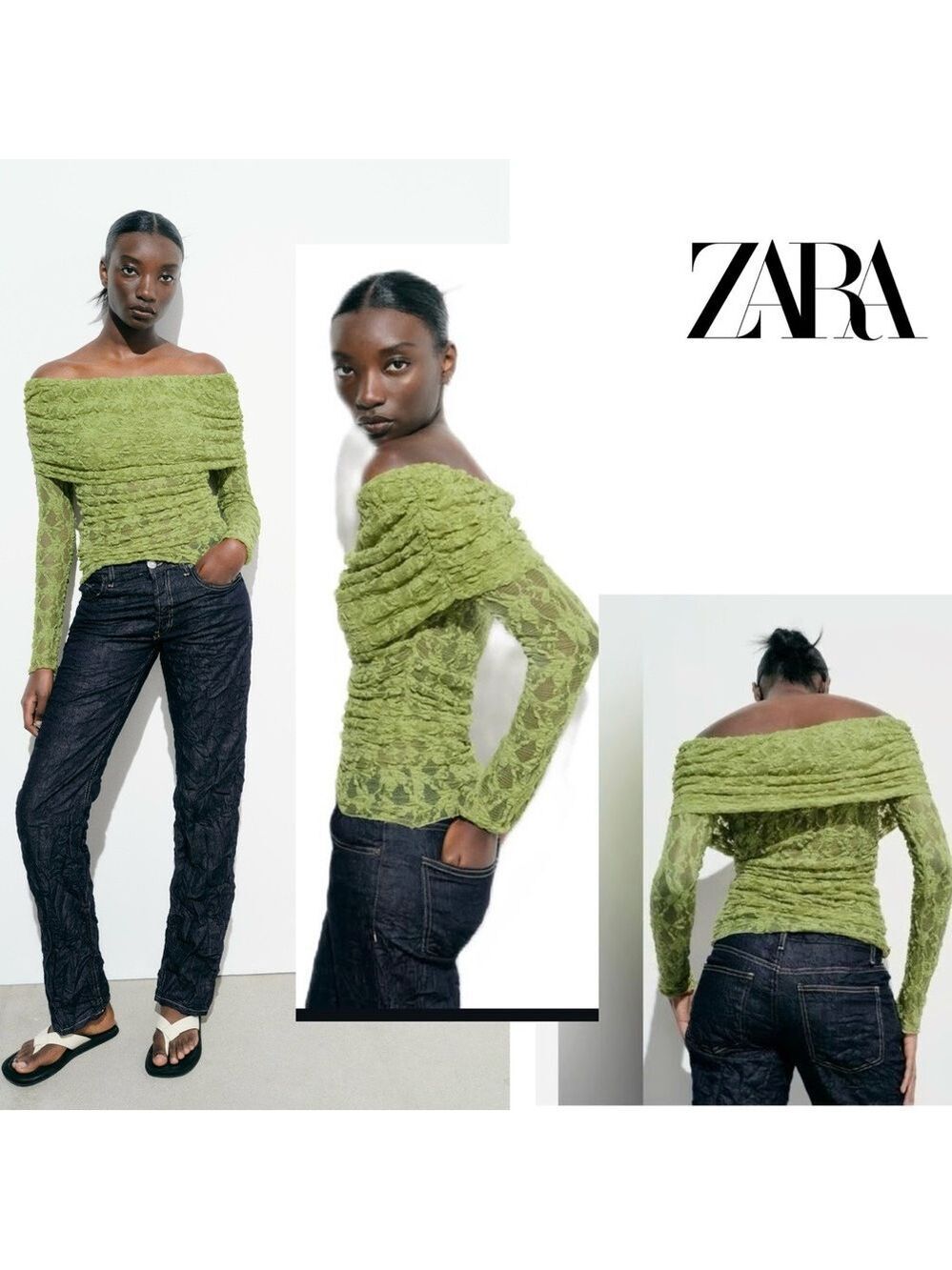 Zara Green lace long sleeve off the shoulder fitted top blouse Sz M NWOT stretch
